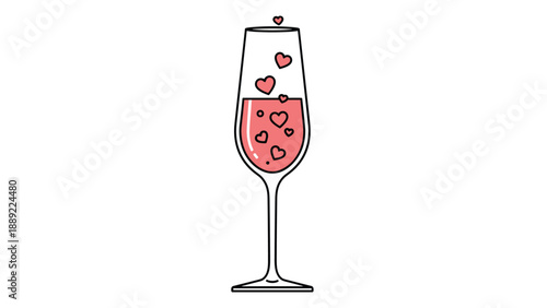 Flute glass filled with pink liquid and numerous small floating hearts presented in a romantic vector illustration for celebrations.