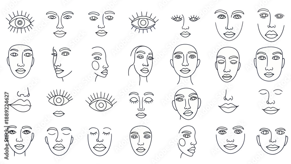 Fototapeta premium Abstract Line Art Faces & Eyes Collection - Minimalist Hand Drawn Portraits