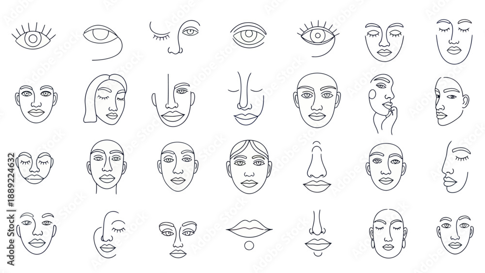 Fototapeta premium Abstract Line Art Faces and Eyes Collection - Minimalist Doodle Style