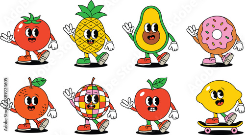 Cartoon fruits, food characters, playful design, animated faces, colorful shoes, kids illustration, fun, cute, happy, creative, tomato, pineapple, avocado, donut, orange, apple, lemon, disco ball,