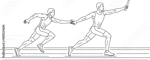 Line art illustration depicting two determined male athletes executing a critical baton exchange during a high-speed relay race on a track symbolizing teamwork and athletic competition.