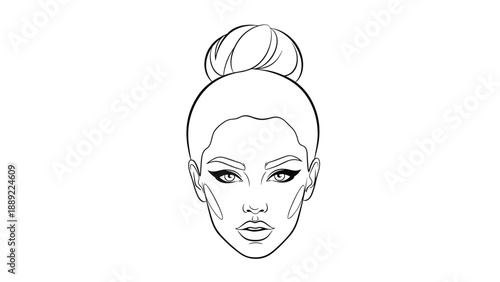 Frontal portrait of a beautiful woman with a high bun hairstyle and detailed makeup shown in a clean black and white line art.