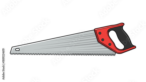 Manual hand saw with a gray metal blade and a bright red and black plastic handle shown in a colorful vector illustration style.