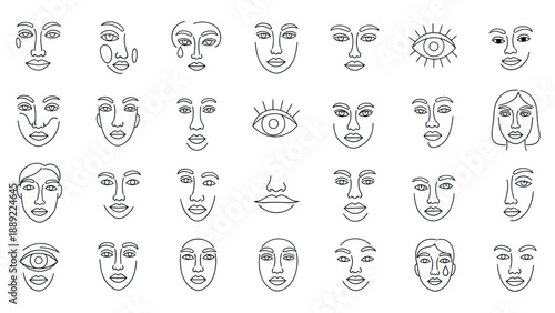 Abstract Line Art Faces and Eyes Collection, Minimalist Outline Drawing, Diverse Emotions