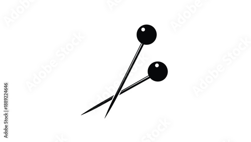 Two black push pins crossed over each other shown as sharp office stationery silhouettes in a minimalist vector illustration.