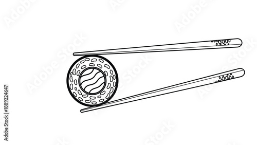 Single piece of sushi maki roll being held between two wooden chopsticks shown in a minimalist black and white line art drawing.