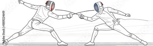 Two stylized athletes engaged in a tense fencing duel clash their foils directly in the center, demonstrating the precise and focused movements required for this classic olympic sport competition.