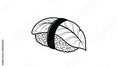 Sushi nigiri piece topped with a decorative green leaf and secured with a wide black seaweed band in a line art illustration.