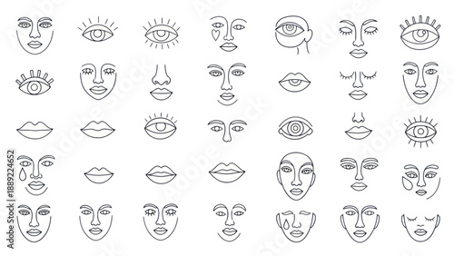 Abstract Line Art Faces and Eyes Collection, Minimalist Outline Portrait Set