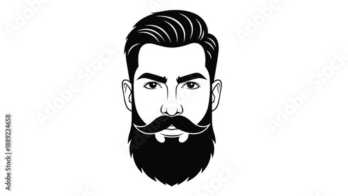 Frontal portrait of a handsome man with a thick beard and stylish mustache presented in a clean black and white line art vector.
