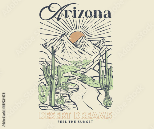 Feel the sunset. Western desert print design for t shirt. Arizona desert vibes vector artwork design.