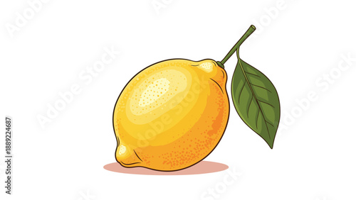 Whole bright yellow lemon with a single green leaf and textured skin shown in a clean and colorful vector illustration style.