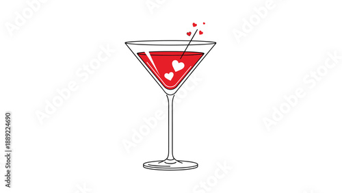 Martini glass filled with red liquid and decorated with floating white hearts and a cocktail pick in a vibrant vector illustration.