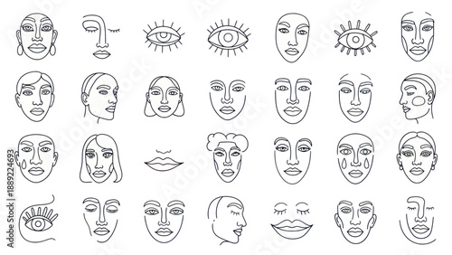 Abstract Line Art Faces Set: Minimalist Human Head Illustrations, Diverse Expressions