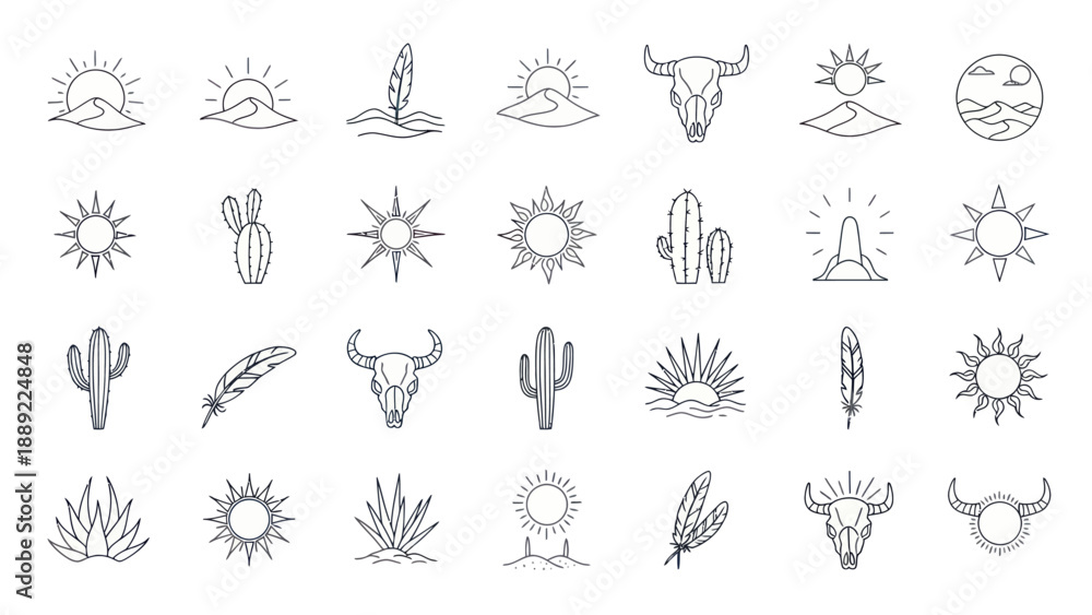 Fototapeta Boho Desert Icons: Sun, Cactus, Buffalo Skull, Feathers, Waves