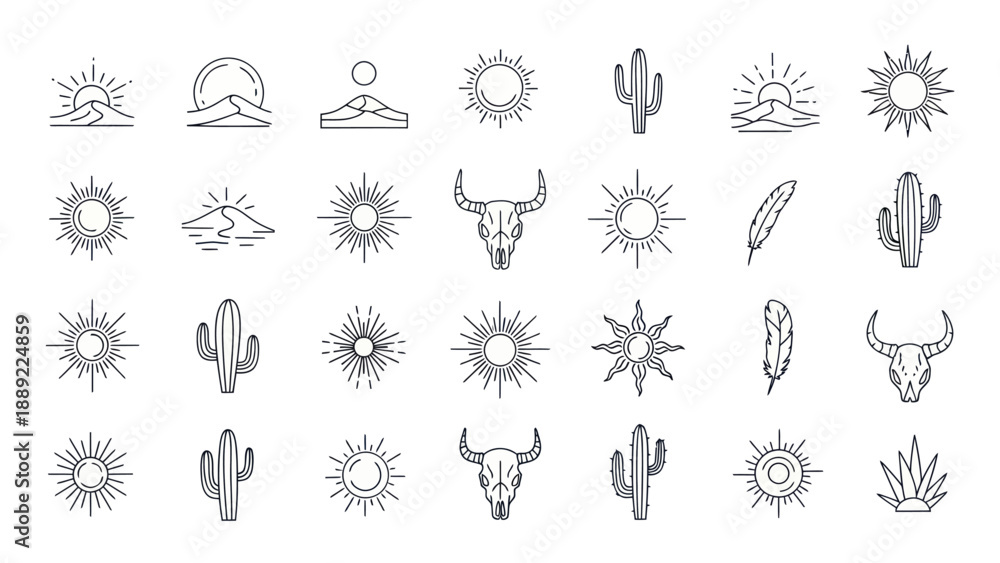 Fototapeta premium Boho Desert Icons: Sun, Cactus, Bull Skull, Feather, Mountain Line Art
