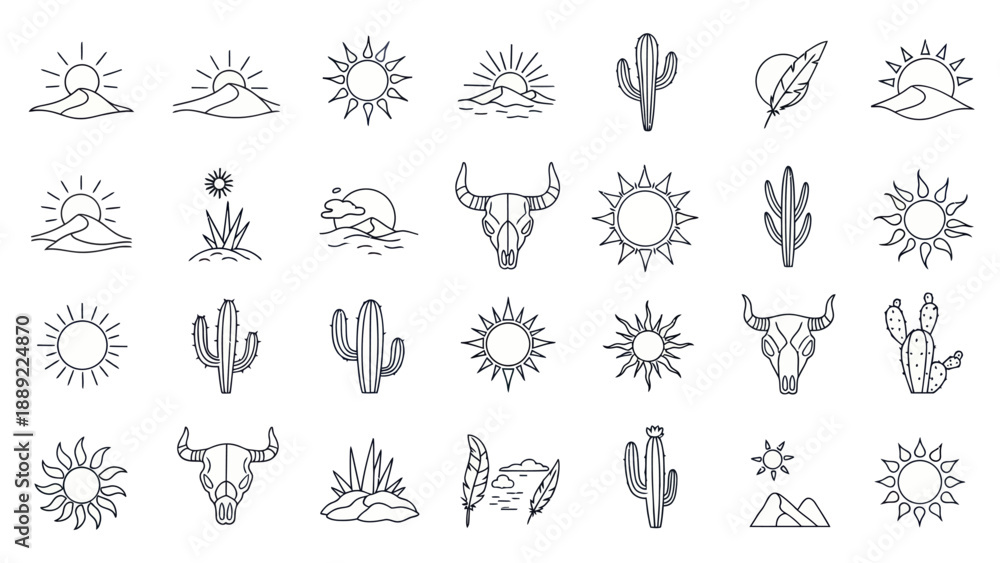 Fototapeta premium Boho Desert Icons: Sun, Cactus, Bull Skull, Mountains, Feathers - Line Art Collection