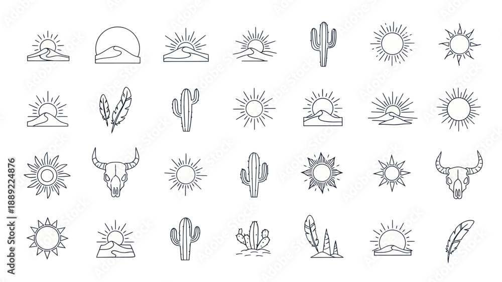 Fototapeta premium Boho Desert Icons: Sun, Cactus, Skull, Feathers - Line Art Collection