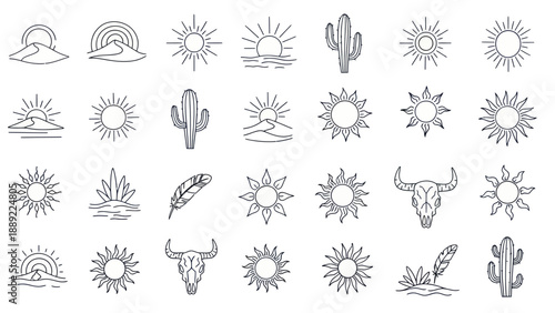 Bohemian Desert Icons: Sun, Cactus, Buffalo Skull, Feather - Line Art Collection