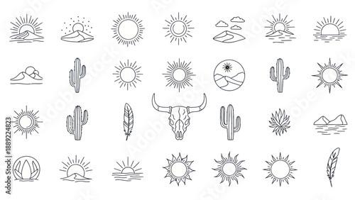Boho Desert Icon Set: Sun, Cactus, Mountains, Skull, Feather - Line Art Vector