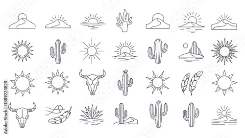 Boho Desert Icon Set: Cactus, Sun, Mountains, Skull, Feathers - Line Art