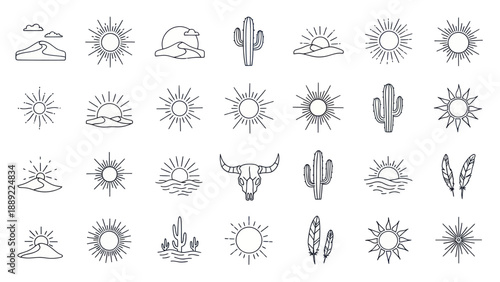 Bohemian Desert Sun Cactus Skull Feather Line Art Icons Set