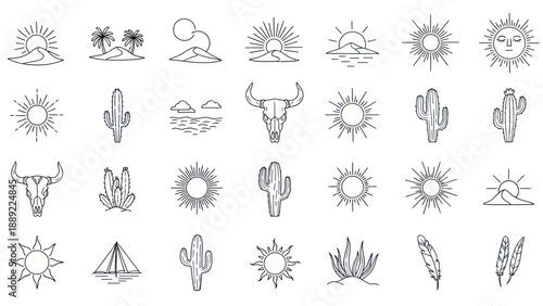 Boho Desert Icon Set: Sun, Cactus, Skull, Tent, Feathers, Landscape Line Art