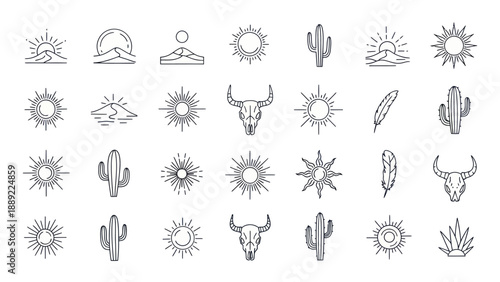 Boho Desert Icons: Sun, Cactus, Bull Skull, Feather, Mountain Line Art