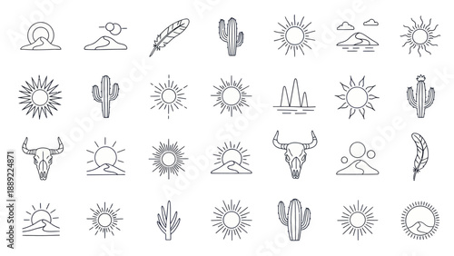 Boho Desert Icons: Sun, Cactus, Feather, Skull, Mountain Line Art Collection