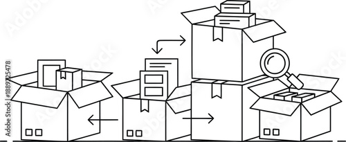 Process flow illustration depicting sequential organization and verification of documentation and physical parcels moving through stages of logistics inventory management using outline icons.