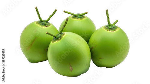 Four young green coconuts with stems isolated on transparent background