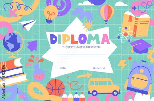 Kids Diploma certificate on math copybook background. Colorful template of school and preschool diploma certificate for kids and children in kindergarten or primary grades with school equipment.Vector