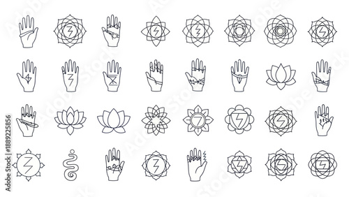 Spiritual Symbols: Yoga Hands, Chakras, Lotus Flower, Energy Icons Collection