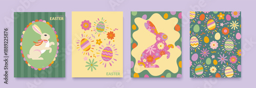 Set of Easter posters.Cute paper cut bunny with flowers inside and easter eggs around him. Easter backrounds with colorful painty eggs and flowers. Easter bunny in vintage colorful frame. Vector
