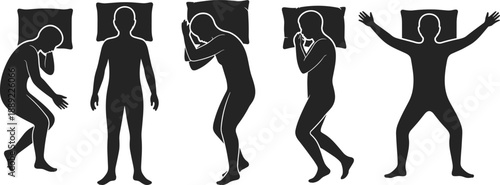 Set of five black vector silhouettes depicting sleeping poses on pillows including back side and fetal positions for bed and health graphic design projects