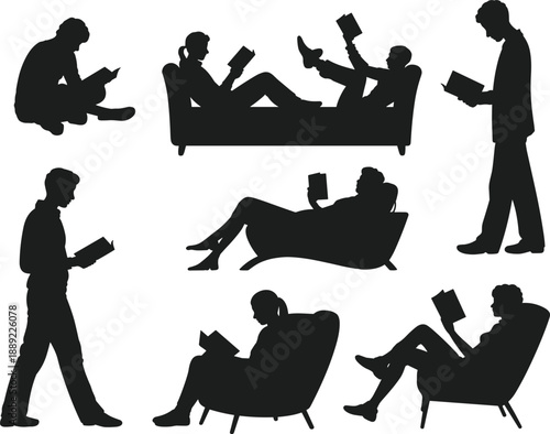 Set of seven black vector silhouettes featuring people reading books in various poses like sitting standing and walking for education and library graphic design