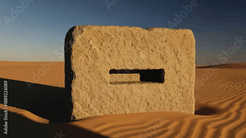 Mysterious ancient stone block with a rectangular slit resting half buried in the rippled golden sand dunes under a clear deep blue sky at sunset or sunrise creating dramatic shadows.