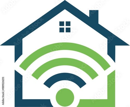 Simple graphic logo design illustrating a house outline enclosing a vibrant wifi signal icon symbolizing reliable internet connectivity and smart home technology service for residential users.