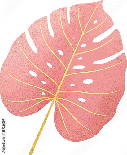 A stylish pink monstera deliciosa leaf with gold veins, a chic botanical illustration with a trendy tropical aesthetic