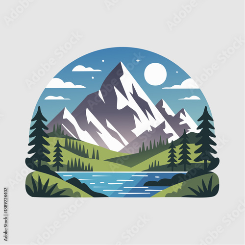 Serene mountain landscape illustration with a clear lake reflecting majestic peaks under a tranquil sky, perfect for outdoor enthusiasts and nature lovers seeking peaceful adventure