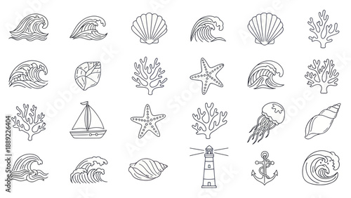 Nautical Icons Set: Waves, Shells, Starfish, Lighthouse, Anchor, Sailboat, Coral, Jellyfish