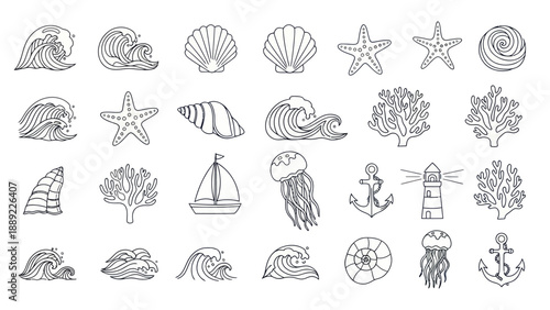 Nautical Icons Set: Waves, Shells, Starfish, Anchor, Lighthouse, Jellyfish, Coral, Sailboat