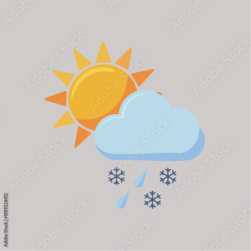 Stylized vector illustration capturing diverse weather conditions, featuring a bright sun, a fluffy cloud, falling raindrops, and delicate snowflakes, symbolizing mixed seasonal atmospheric changes