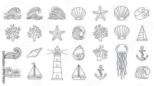 Nautical Icons Set: Waves, Shells, Starfish, Lighthouse, Boat, Anchor, Jellyfish
