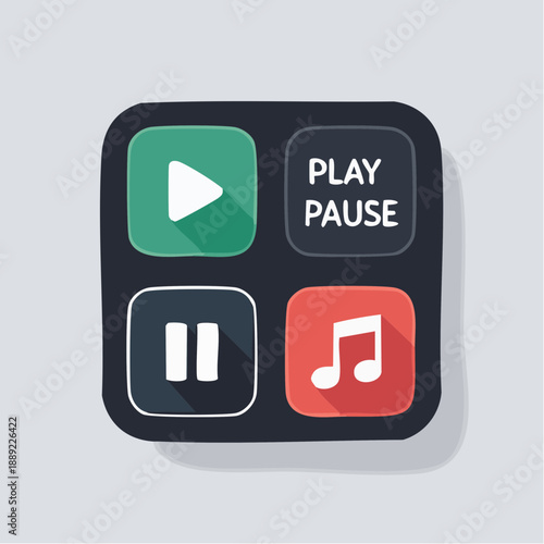 A vibrant illustration featuring a square media player interface with play, pause, and music note buttons in a modern, flat design style for digital content