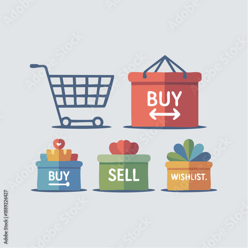 Collection of shopping icons, including a shopping cart, buy and sell boxes, and a wishlist