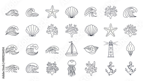 Nautical Icons Set: Waves, Starfish, Shells, Coral, Lighthouse, Anchor, Jellyfish