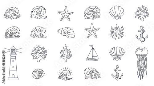 Nautical Line Art Icons: Waves, Seashells, Anchor, Lighthouse, Jellyfish, Starfish, Coral, Sailboat
