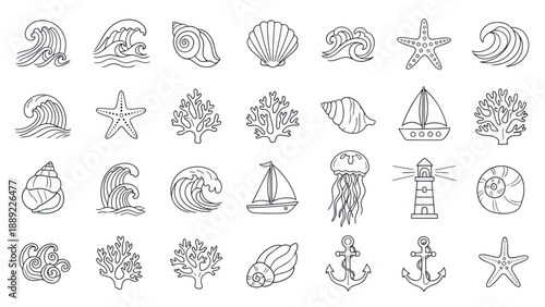 Nautical Line Art Icons: Seashells, Waves, Starfish, Anchor, Lighthouse, Jellyfish, Sailboat