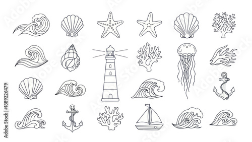 Nautical Line Art Icons: Waves, Seashells, Starfish, Lighthouse, Anchor, Jellyfish, Boat
